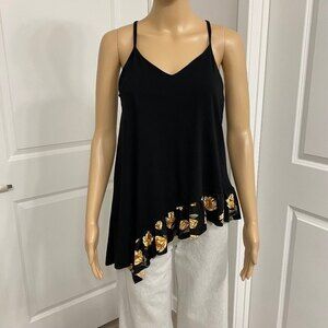 Fab'rik Asymmetrical Floral Ruffled Hem Tank. Black Multi. Small.